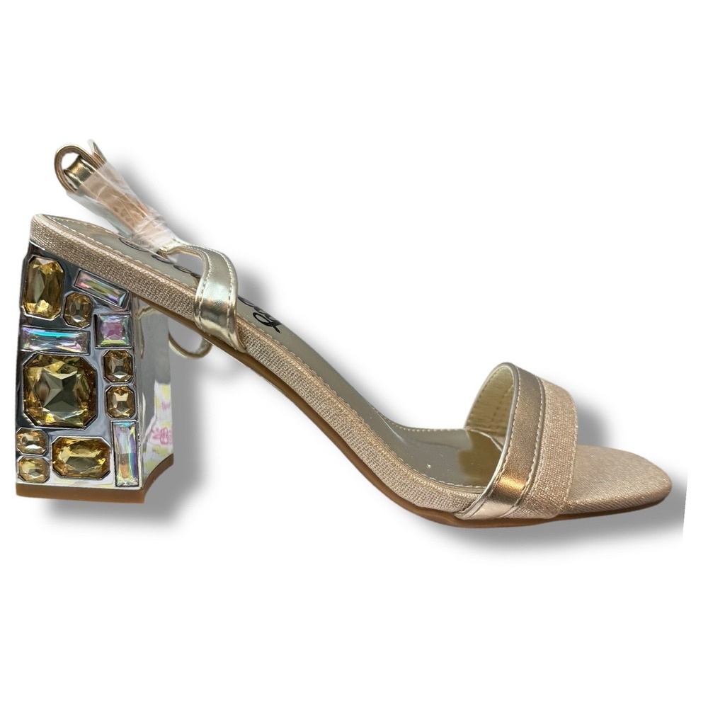 Belovey Sz 6.5 Women Gold Crystal Embellished Block Heel Ankle Strap Sandals - Picture 7 of 15